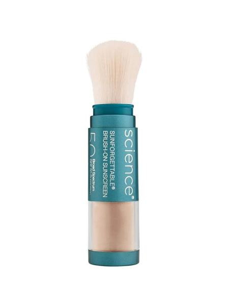 Colorescience Sunforgettable Total Protection Brush-On Shield SPF 50 teal vial of tinted powder sunscreen with beige brush on white background