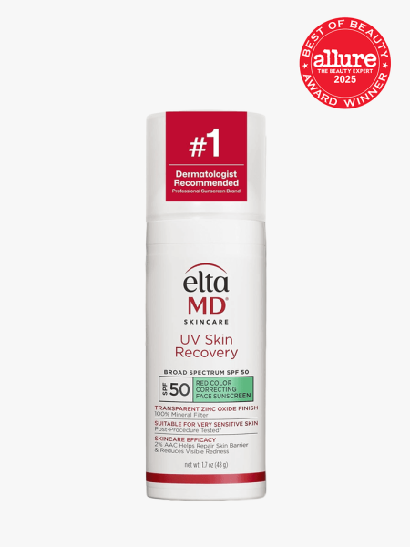 EltaMD UV Skin Recovery Red Color Correcting SPF 50 in branded component on a light gray background with 2025 best of beauty seal in the top right corner
